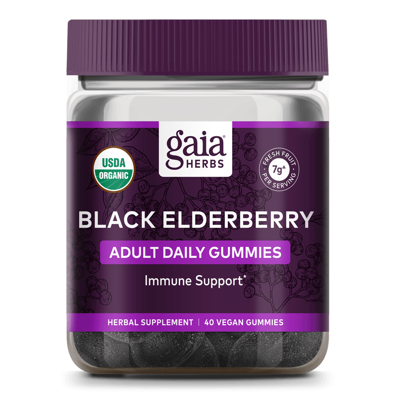 Front label of Black Elderberry Gummies - Organic Immune Support | 40 ct vegan herbal supplement with immune support benefits and USDA Organic seal.