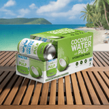 8-pack of Coconut Water with Pulp cans placed on a wooden deck with a beach and palm trees in the background, evoking a tropical and refreshing setting.