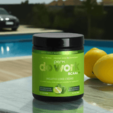 Do Work BCAA+ Mojito Lime Crème by Perk Energy placed poolside with lemons, a fitness hydration supplement with 6g BCAAs per serving.
