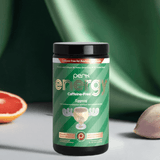 Energy Original CAFFEINE-FREE Eggnog (20 servings) in a green container with a moose mug graphic, placed beside grapefruit and garlic for a festive vibe.
