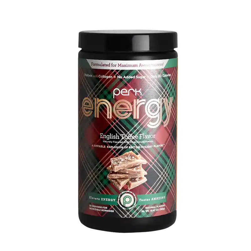 Front view of Perk Energy Protein + Collagen Drink container in English Toffee flavor, designed for clean energy and fitness-focused lifestyles.