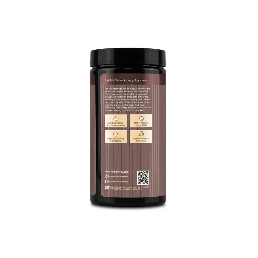 Back label of Perk Energy Original (20 SERV) (Dark Chocolate Salted Caramel Pretzel) showing directions, benefits, and QR code for nutrition info.