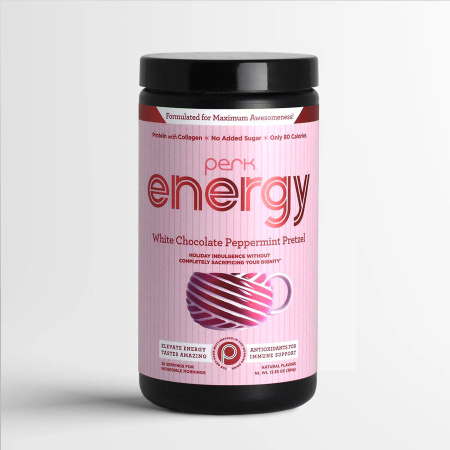 Perk Energy Original - Peppermint Protein Drink jar with pink label and striped mug graphic. A gluten-free energy supplement with collagen and antioxidants.