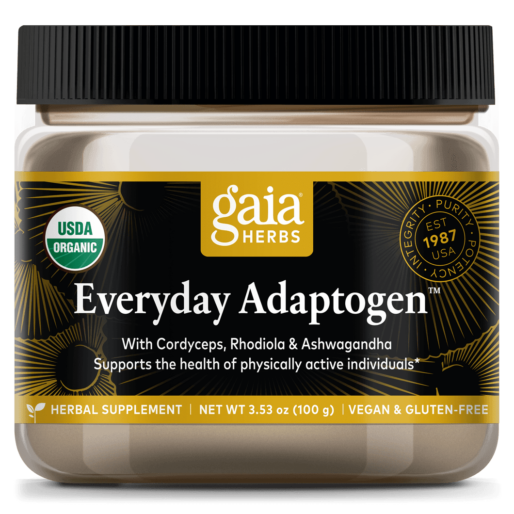 Front label of Gaia Herbs Everyday Adaptogen - 3.5 oz showing USDA Organic certification and vegan, gluten-free herbal supplement claims.