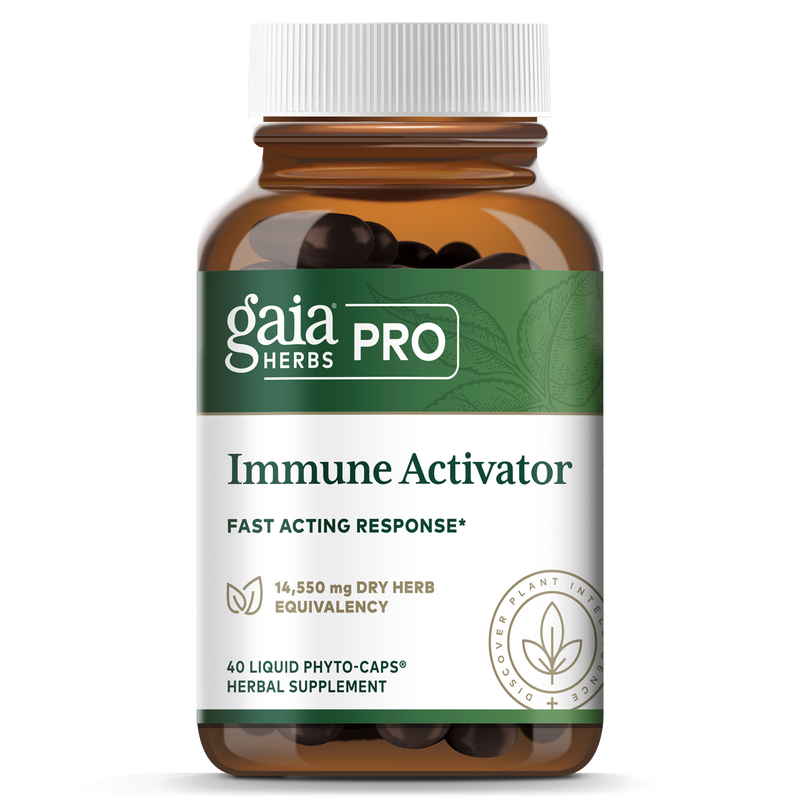 Front view of Gaia Herbs PRO Immune Activator - 40 ct bottle, highlighting 14,550 mg dry herb equivalency and herbal immune support benefits.
