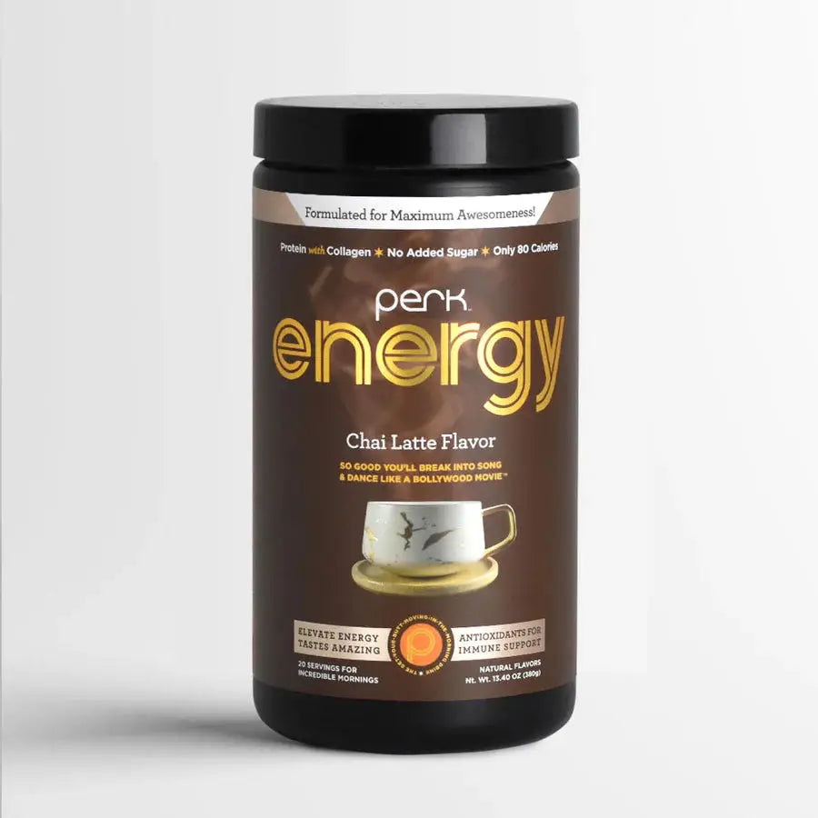Perk Energy Original Chai Latte container with spiced latte imagery, highlighting collagen protein and antioxidant support for a healthy energy boost.