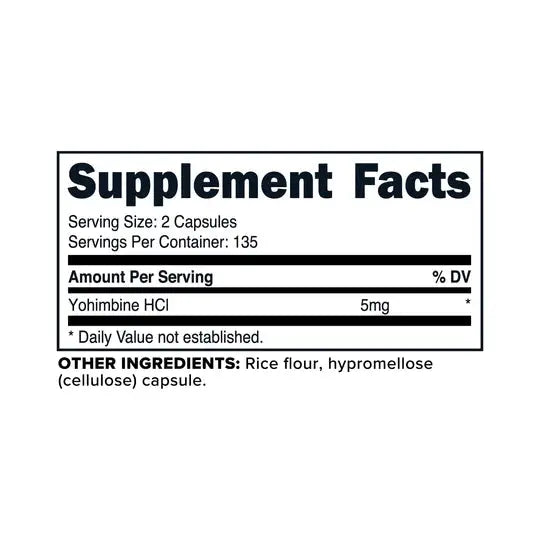 Supplement facts for PrimaForce Yohimbine HCl 2.5 MG 270-count, listing 5mg Yohimbine HCl per serving with natural ingredients.