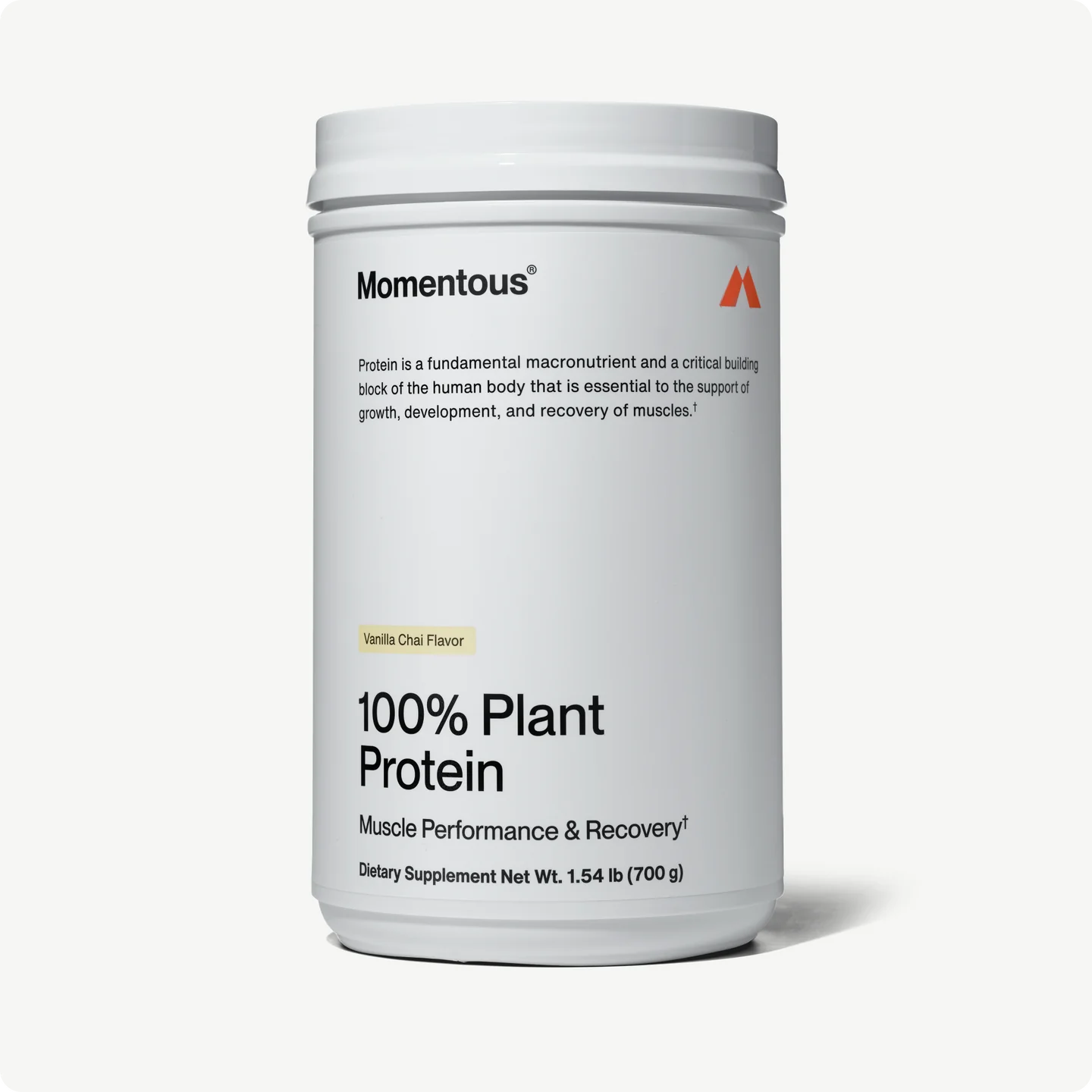 Front view of Momentous 100% Plant Protein Vanilla Chai container, a gluten-free, non-GMO vegan supplement for muscle recovery.