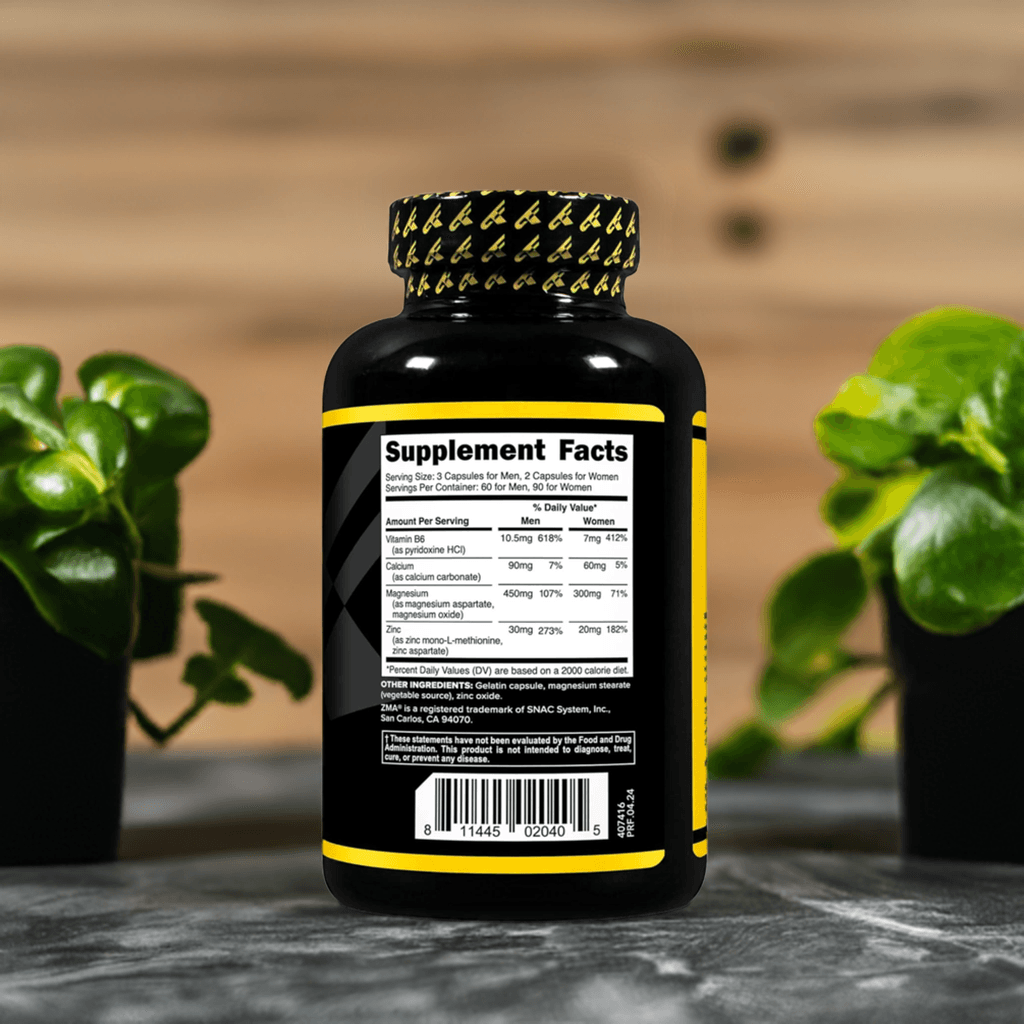 Supplement facts of PrimaForce ZMA 180 capsules highlighting dosage and ingredients for men and women in fitness and health routines.