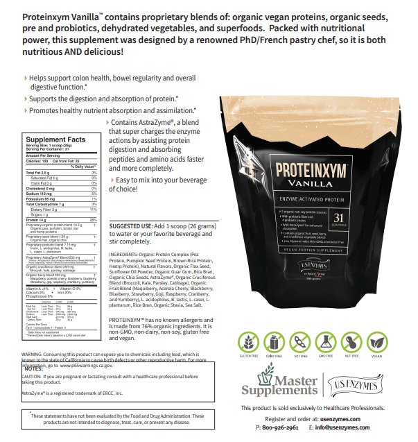 Product info sheet for Proteinxym Vanilla vegan protein powder, detailing health benefits, ingredients, usage instructions, and supplement facts.