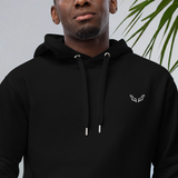 Velite Armor Premium Eco Hoodie in black, featuring minimalist logo on chest. Sustainable activewear made from organic and recycled materials.