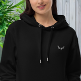 Velite Armor Premium Eco Hoodie in black, featuring minimalist logo on chest and drawstring hood, ideal for sustainable activewear fashion.