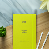Lime green Velite Armor Premium Notebook with bold typography, crafted for creative professionals planning for 2025.