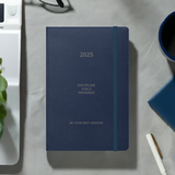 Navy blue Velite Armor Premium Notebook with elastic closure, designed for structured planning and daily organization in 2025.
