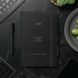 Velite Armor Premium Notebook in black with 'Discipline Fuels Progress' embossed, ideal for 2025 planning and productivity in office settings.