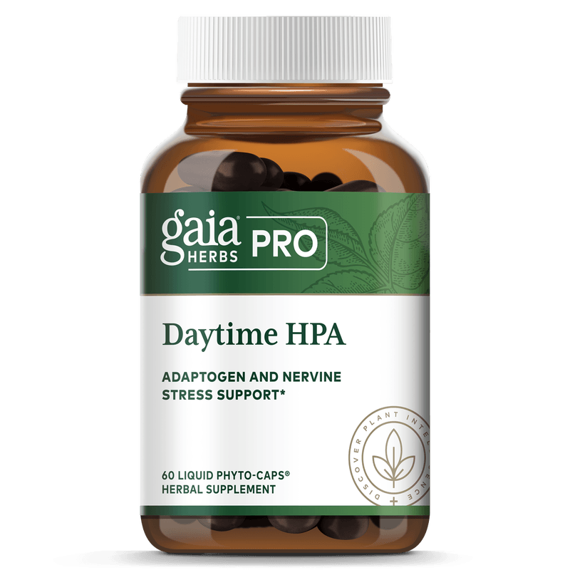 Gaia Herbs Pro Daytime HPA supplement bottle with 60 liquid phyto-caps for adaptogen and nerve stress support.