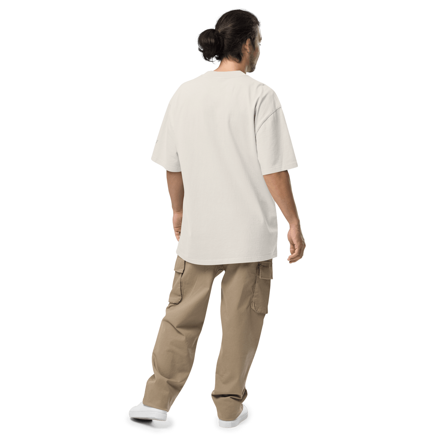 Model showing back of Velite Armor Oversized Embroidered Tee – Premium Heavyweight in off-white, paired with beige cargo pants.
