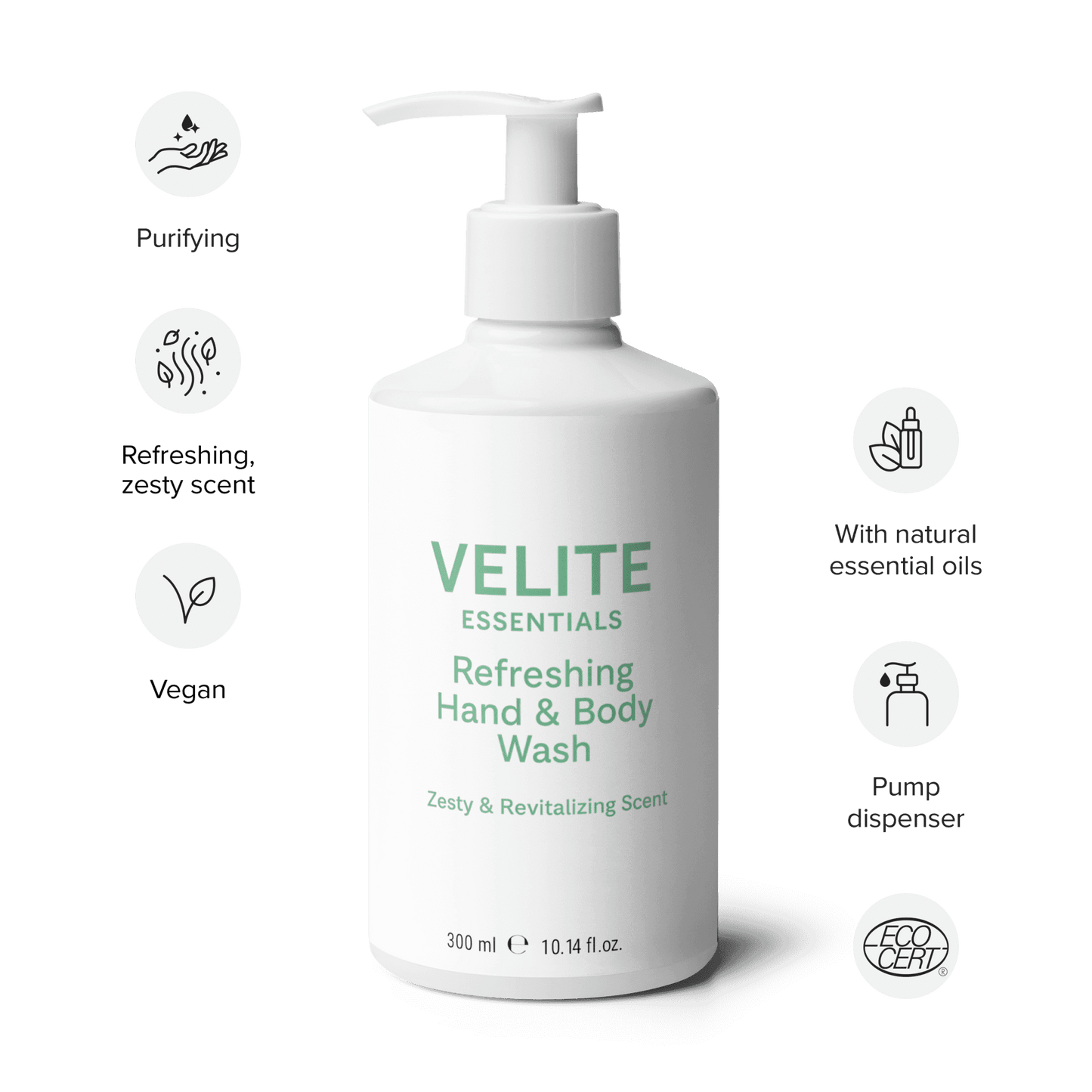 Velite Essentials Citrus Fresh Body Wash with icons for purifying, essential oils, and ECOCERT certification, ideal for clean, vegan body care.