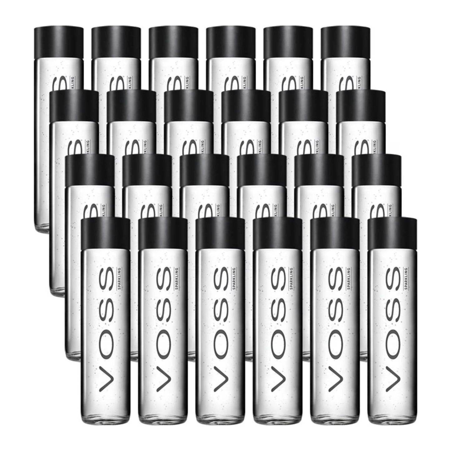 VOSS Still 375ml – multi-pack display of sleek, cylindrical glass bottles for premium hydration.