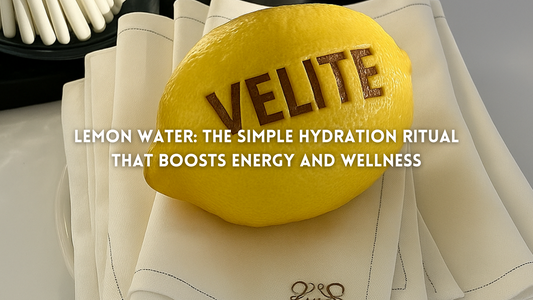 Yellow lemon with Velite Armor branding next to a glass of lemon water, symbolizing hydration, energy, and wellness benefits.

