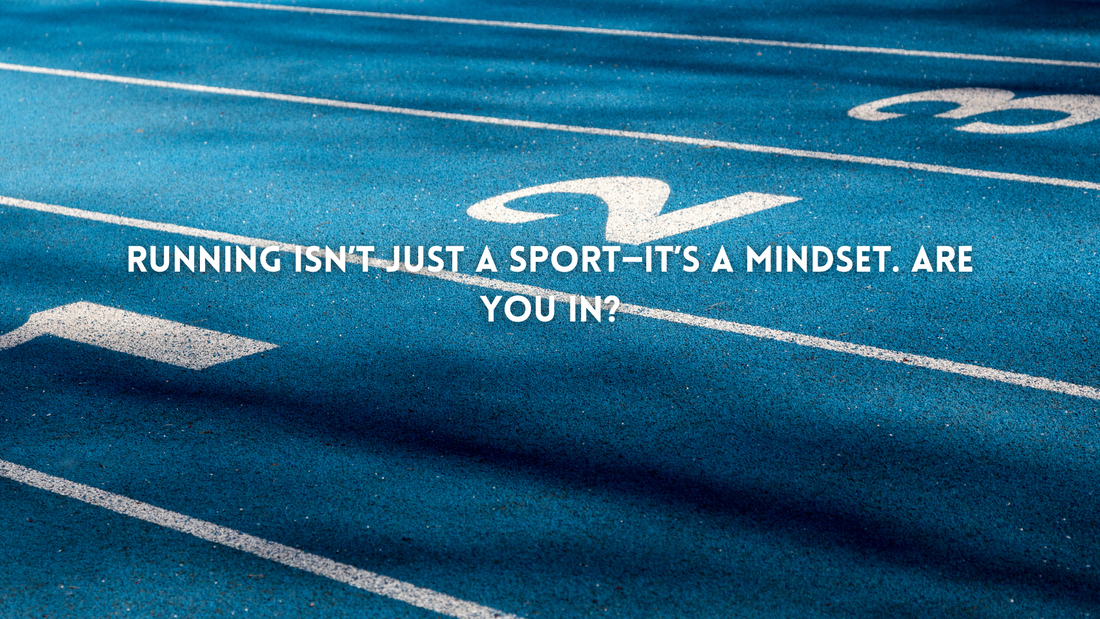 Blue running track with lane numbers and motivational quote: “Running isn’t just a sport—it’s a mindset. Are you in?” centered in bold white font. Symbolizes discipline, movement, and personal growth.