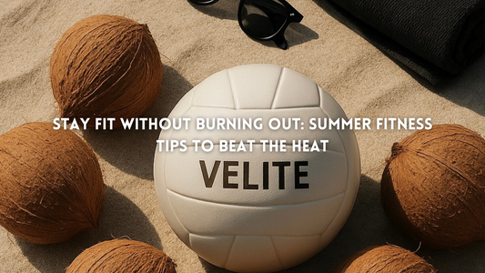 Velite Armor fitness ball and dumbbells on a summer background, symbolizing smart training, summer fitness tips, and staying active without burnout.

