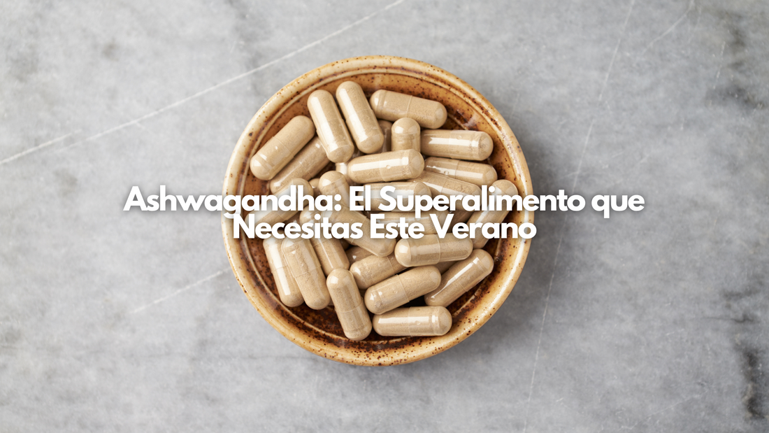 Ashwagandha en polvo con fondo veraniego, suplemento natural para reducir el estrés
