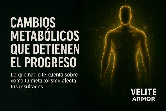 Horizontal blog header showing a glowing human silhouette on a dark background with the title “Cambios Metabólicos que Detienen el Progreso. Lo que nadie te cuenta sobre cómo tu metabolismo afecta tus resultados.”