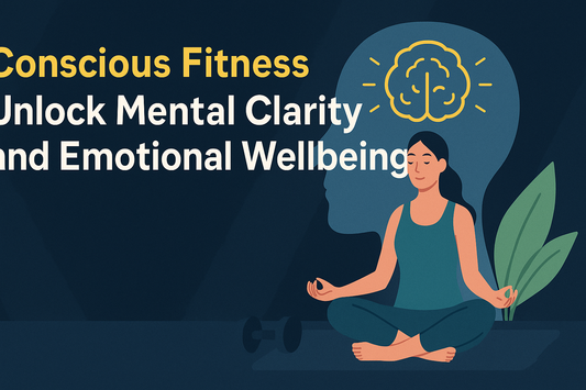 Horizontal blog header featuring a woman meditating with a brain icon above her head, surrounded by leaves and a dumbbell, designed in Velite Armor’s modern dark aesthetic. The title reads "Conscious Fitness: Unlock Mental Clarity and Emotional Wellbeing.