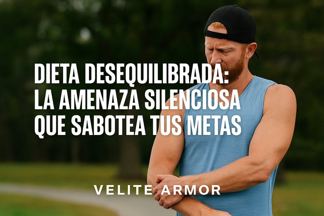 Hombre fit con gorra negra y camiseta sin mangas azul cielo al aire libre, con expresión preocupada. Texto: “DIETA DESEQUILIBRADA: LA AMENAZA SILENCIOSA QUE SABOTEA TUS METAS.”