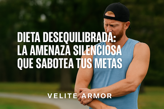 Hombre fit con gorra negra y camiseta sin mangas azul cielo al aire libre, con expresión preocupada. Texto: “DIETA DESEQUILIBRADA: LA AMENAZA SILENCIOSA QUE SABOTEA TUS METAS.”