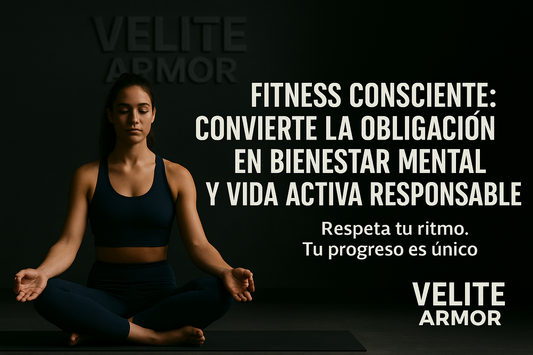 Woman meditating in a modern gym wearing navy activewear with “VELITE ARMOR” on the wall and Spanish text: “Fitness consciente: convierte la obligación en bienestar mental y vida activa responsable. Respeta tu ritmo. Tu progreso es único.”