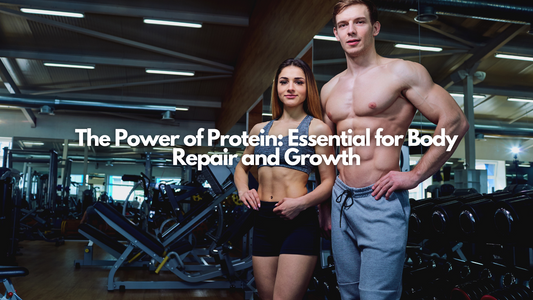 
Athletic man and woman posing confidently in gym promoting the health benefits of protein for muscle growth and recovery.

