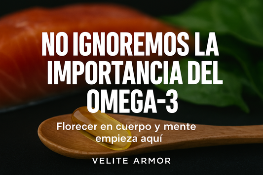 Cápsula de omega-3 sobre una cuchara de madera con salmón y hojas verdes de fondo. Texto en mayúsculas y bold: “NO IGNOREMOS LA IMPORTANCIA DEL OMEGA-3. Florecer en cuerpo y mente empieza aquí.”