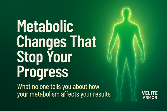 Horizontal blog header showing a glowing human silhouette on a green background with the title “Metabolic Changes That Stop Your Progress. What no one tells you about how your metabolism affects your results.”