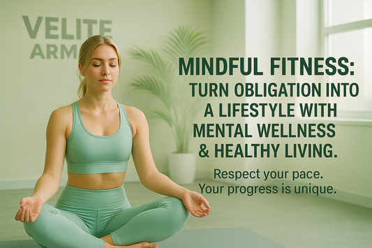 Blonde woman in pastel fitness wear meditating in a bright gym with soft green tones, featuring the text: “Mindful Fitness: Turn Obligation Into a Lifestyle with Mental Wellness & Healthy Living. Respect your pace. Your progress is unique.”