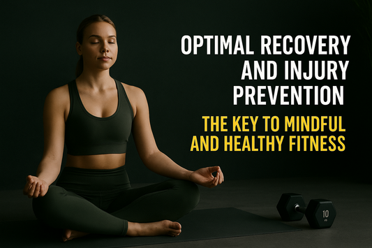 Horizontal blog header showing a fit woman meditating in a minimalist gym setting with a dumbbell beside her, featuring the title “Optimal Recovery and Injury Prevention: The Key to Mindful and Healthy Fitness.”