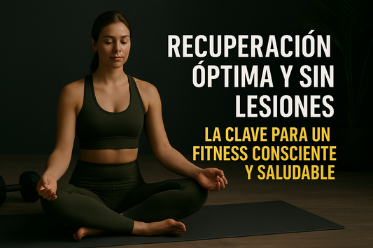Horizontal blog header showing a fit woman meditating in a calm studio with a dumbbell nearby, featuring the title “Recuperación Óptima y Sin Lesiones: La clave para un fitness consciente y saludable.