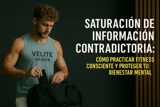 Fit man with curly hair wearing a Velite Armor tank top placing his phone into a gym bag, with bold Spanish text: “Saturación de Información Contradictoria: Cómo Practicar Fitness Consciente y Proteger tu Bienestar Mental.”