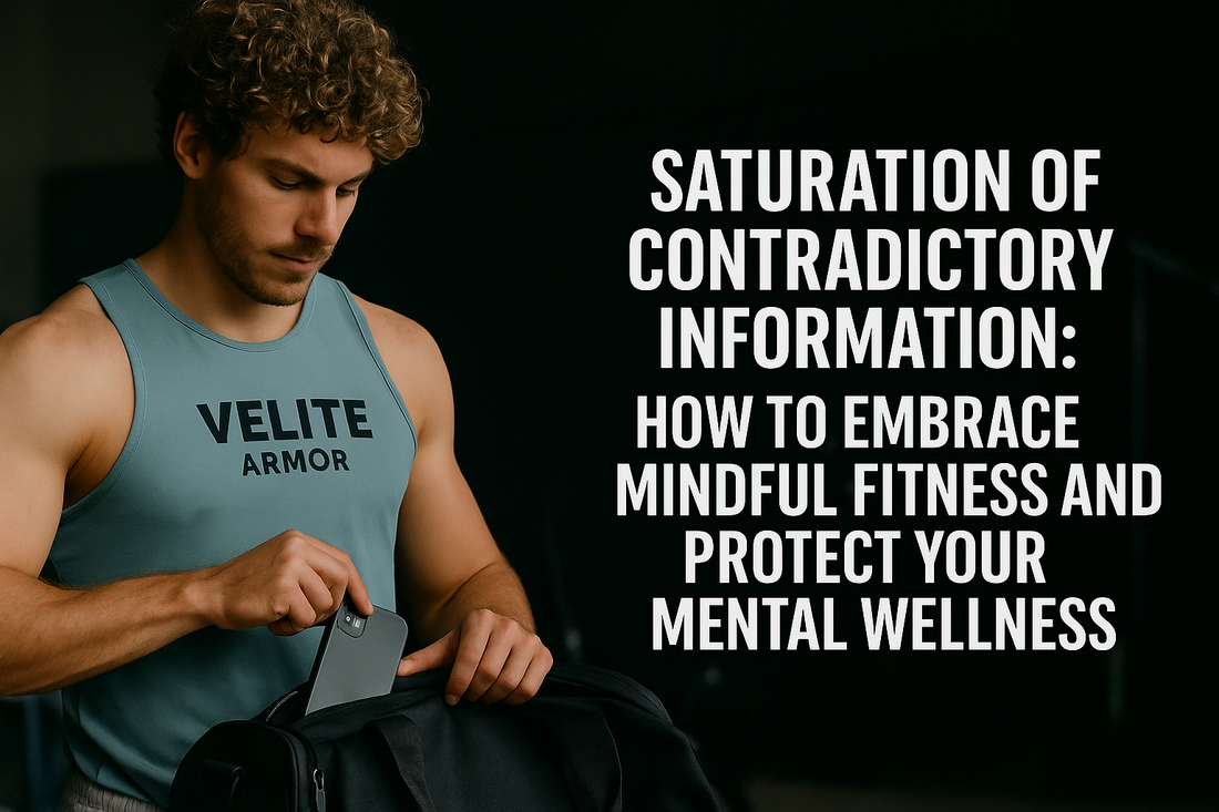 Curly-haired man wearing a light blue Velite Armor tank top places his phone in a gym bag with text: “Saturation of Contradictory Information: How to Embrace Mindful Fitness and Protect Your Mental Wellness.”