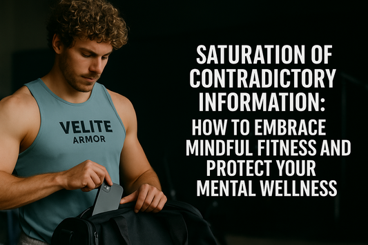 Curly-haired man wearing a light blue Velite Armor tank top places his phone in a gym bag with text: “Saturation of Contradictory Information: How to Embrace Mindful Fitness and Protect Your Mental Wellness.”