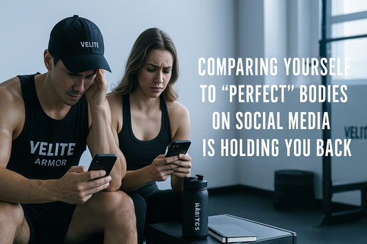 Man and woman looking at their phones with frustrated expressions in a gym. Text: Comparing yourself to perfect bodies on social media is holding you back.