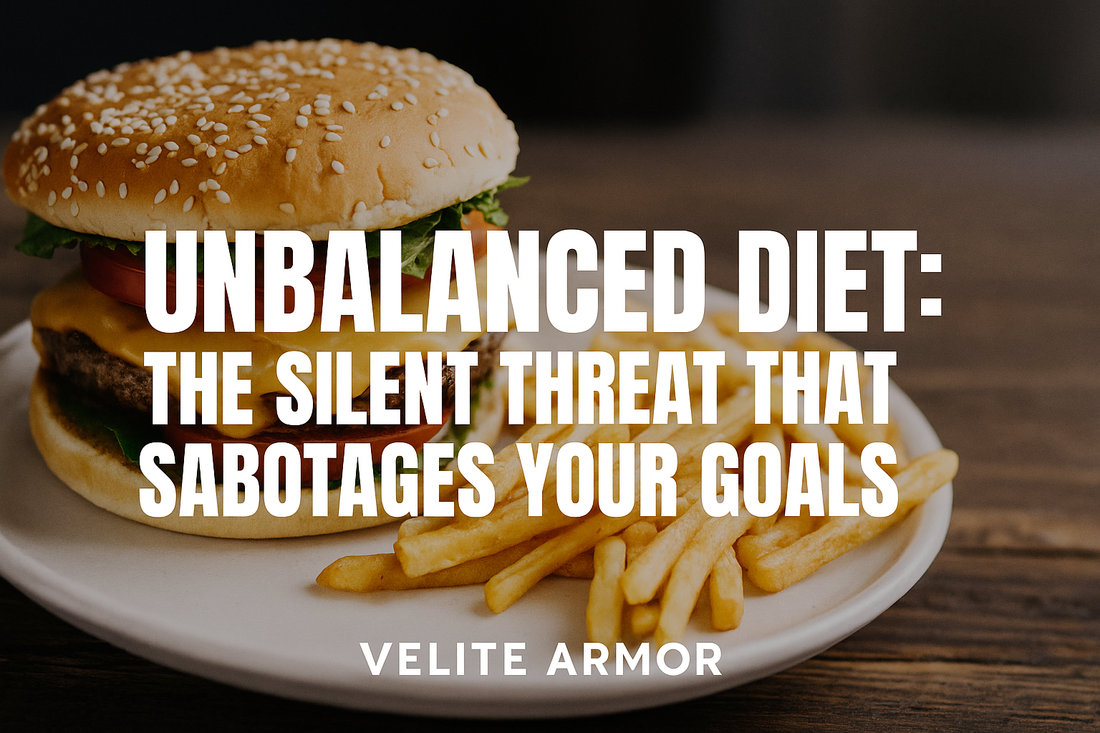 Close-up of a cheeseburger and fries on a plate, symbolizing an unbalanced diet with text overlay: “UNBALANCED DIET: The Silent Threat That Sabotages Your Goals.”