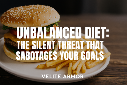 Close-up of a cheeseburger and fries on a plate, symbolizing an unbalanced diet with text overlay: “UNBALANCED DIET: The Silent Threat That Sabotages Your Goals.”