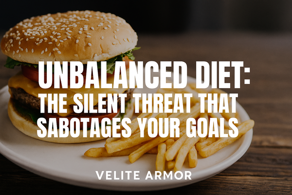 Close-up of a cheeseburger and fries on a plate, symbolizing an unbalanced diet with text overlay: “UNBALANCED DIET: The Silent Threat That Sabotages Your Goals.”