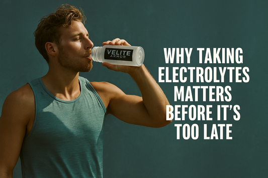 Fit man drinking from a Velite Armor water bottle, with bold uppercase text: “WHY TAKING ELECTROLYTES MATTERS BEFORE IT’S TOO LATE” in an elegant and consistent typography.