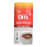 OM Mushroom Morning Energy Blend with adaptogens and chai flavor, supports energy, immunity, and focus; caffeine-free and USDA Organic certified.