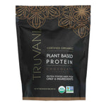 Front view of Truvani Organic Chocolate Brownie Batter Protein powder pouch with clean black and gold design.
