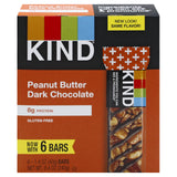 Front view of KIND Peanut Butter Dark Chocolate Bars box, highlighting 8g protein, gluten-free, and 6 individually wrapped bars per pack.