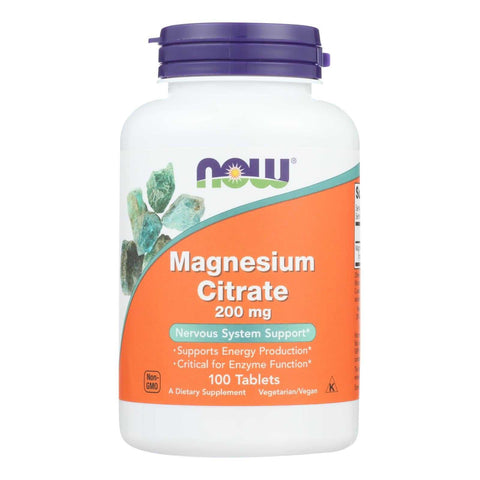NOW Foods Magnesium Citrate 400 mg supplement bottle front label – vegan, non-GMO, gluten-free, orange and purple packaging

